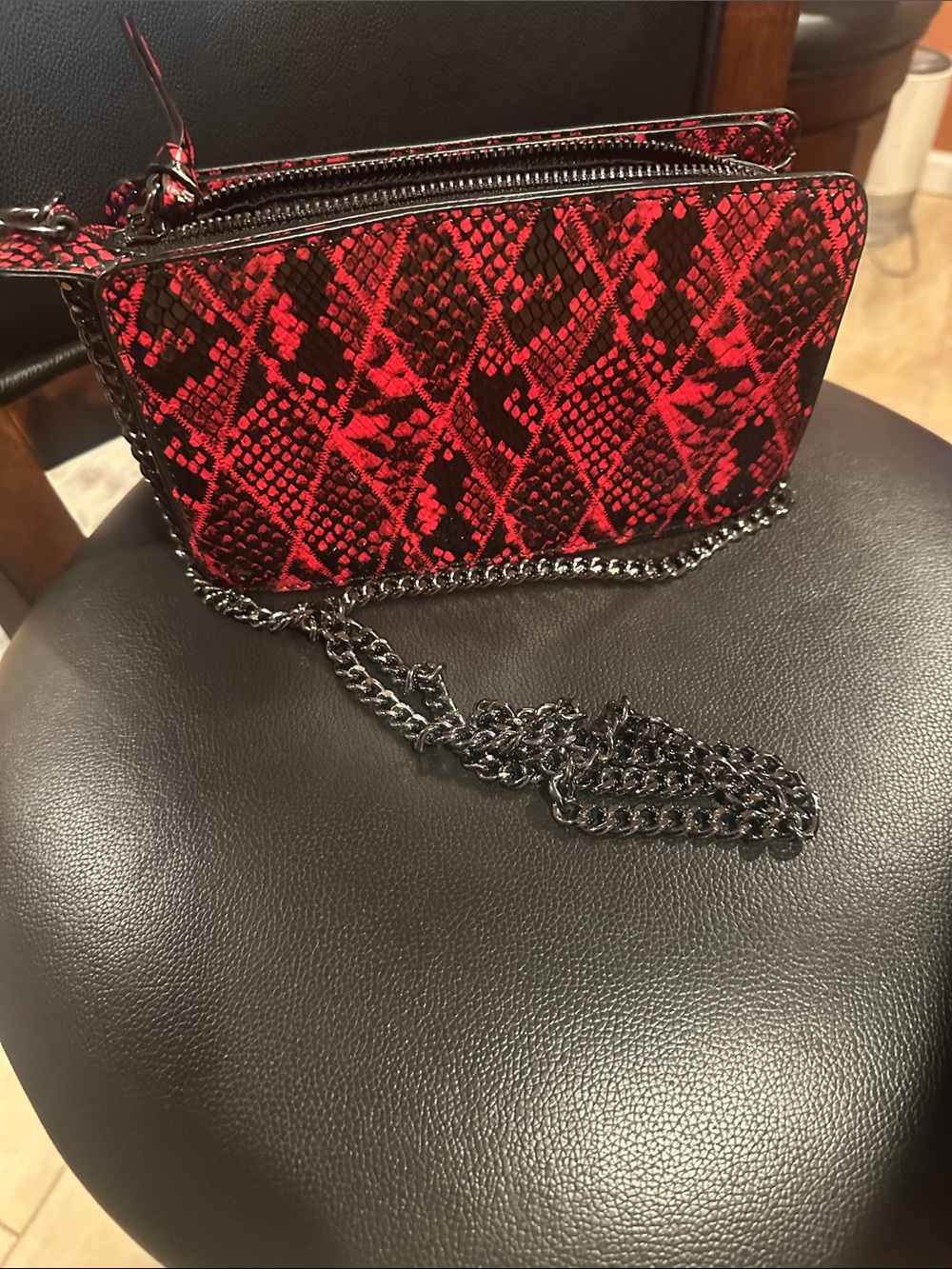 Zara Red and Black Snake-Print Crossbody with Chain